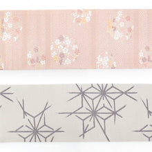 画像をギャラリービューアに読み込む, 《創世舎》 リバーシブル半巾帯 長尺 東レシルック素材 ピンク 紗綾型 梅花 花環/ ベージュ 破れ 麻の葉