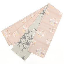 画像をギャラリービューアに読み込む, 《創世舎》 リバーシブル半巾帯 長尺 東レシルック素材 ピンク 紗綾型 梅花 花環/ ベージュ 破れ 麻の葉