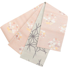 画像をギャラリービューアに読み込む, 《創世舎》 リバーシブル半巾帯 長尺 東レシルック素材 ピンク 紗綾型 梅花 花環/ ベージュ 破れ 麻の葉