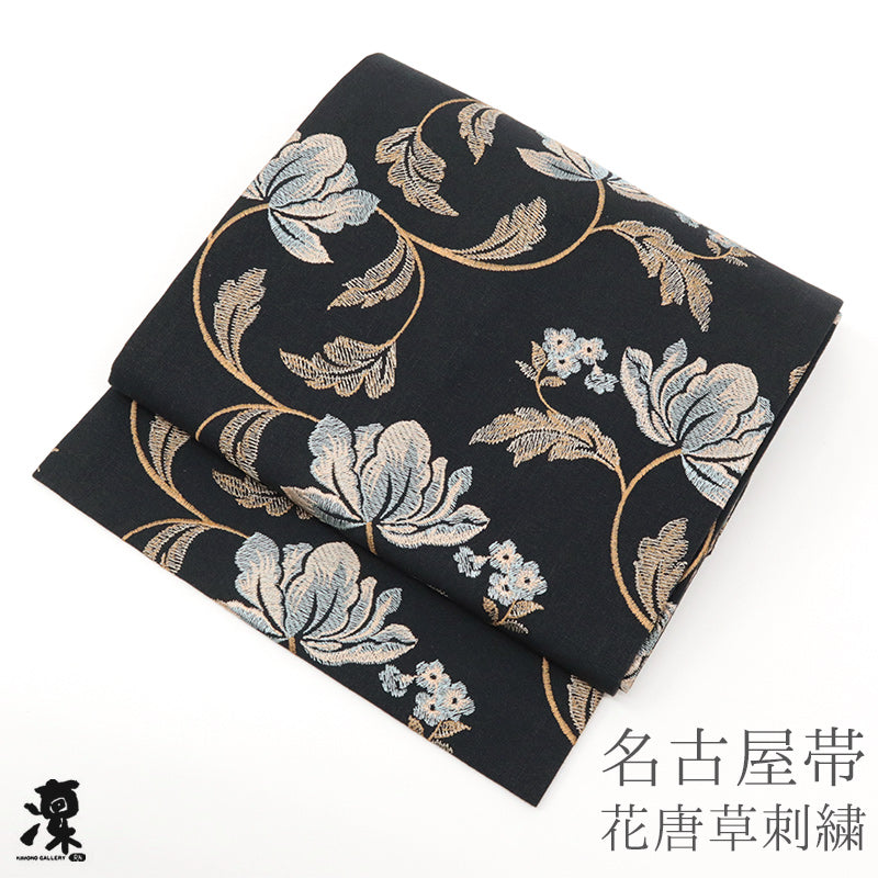 名古屋帯 黒 刺繍帯《ギャラリー凛》ブラック 黒地に花唐草 ブルー 花