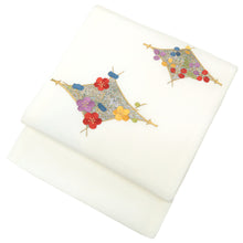 画像をギャラリービューアに読み込む, 名古屋帯 白地に松葉菱 梅萩刺繍 ( ホワイト )