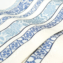画像をギャラリービューアに読み込む, 名古屋帯 博多織 全通柄 八寸 白地 献上花文様 牡丹 撫子 幾何学 ブルー