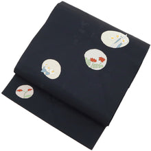 画像をギャラリービューアに読み込む, 名古屋帯 ブラック 九寸 正絹 六通柄 黒地 丸文に季節の草花と言葉遊び