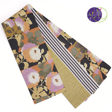 画像をギャラリービューアに読み込む, 《召しませ華》オレンジに縞と光琳菊 モダン菊 リバーシブル半巾帯