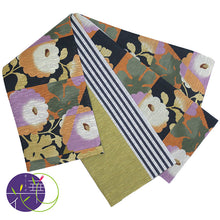 画像をギャラリービューアに読み込む, 《召しませ華》オレンジに縞と光琳菊 モダン菊 リバーシブル半巾帯