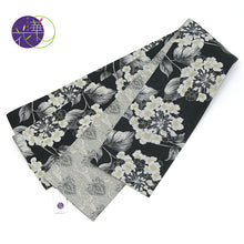 画像をギャラリービューアに読み込む, 《召しませ華》黒地にサクラソウ プリムラ(ブラック) リバーシブル半巾帯