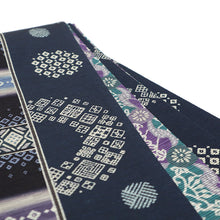 画像をギャラリービューアに読み込む, 《召しませ華》差分 小紋柄 紺 コモンタイム(ネイビー) リバーシブル半巾帯