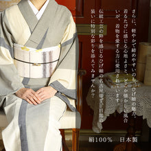 画像をギャラリービューアに読み込む, 名古屋帯 正絹 カジュアル お仕立て上がり お太鼓柄 日本製 九寸 ひげ紬 アイボリーにブラウン 絣ぼかし A