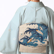 画像をギャラリービューアに読み込む, 京袋帯《召しませ華》お仕立て上がり 全通お太鼓柄 ベージュに波に乗る兎たち 波乗りウサギ ( ブルー )