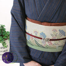 画像をギャラリービューアに読み込む, 《召しませ華》グレーベージュにミモザ ミモザB(ベージュ) リバーシブル半巾帯