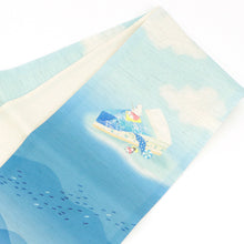 画像をギャラリービューアに読み込む, 麻 帯 京袋帯 水色《 召しませ華 》お仕立て上がり 京袋帯 染め帯 全通お太鼓柄 ライトブルー 白くまペンギン 渚のチーズケーキ ブルー