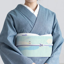画像をギャラリービューアに読み込む, 麻 帯 京袋帯 水色《 召しませ華 》お仕立て上がり 京袋帯 染め帯 全通お太鼓柄 ライトブルー 白くまペンギン 渚のチーズケーキ ブルー