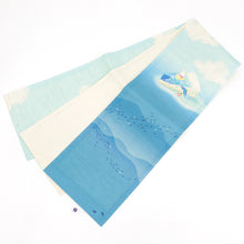 画像をギャラリービューアに読み込む, 麻 帯 京袋帯 水色《 召しませ華 》お仕立て上がり 京袋帯 染め帯 全通お太鼓柄 ライトブルー 白くまペンギン 渚のチーズケーキ ブルー
