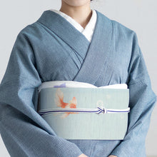 画像をギャラリービューアに読み込む, 麻 帯 京袋帯 水色《 召しませ華 》お仕立て上がり 京袋帯 染め帯 全通お太鼓柄 ライトブルー 黒猫と金魚 金魚鉢 ブルー