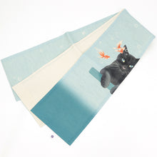 画像をギャラリービューアに読み込む, 麻 帯 京袋帯 水色《 召しませ華 》お仕立て上がり 京袋帯 染め帯 全通お太鼓柄 ライトブルー 黒猫と金魚 金魚鉢 ブルー