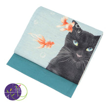 画像をギャラリービューアに読み込む, 麻 帯 京袋帯 水色《 召しませ華 》お仕立て上がり 京袋帯 染め帯 全通お太鼓柄 ライトブルー 黒猫と金魚 金魚鉢 ブルー