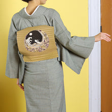 画像をギャラリービューアに読み込む, 京袋帯 お仕立て上がり 正絹 染京ふくろ帯 全通お太鼓柄 カラシに月の満ち欠け 月うさぎ ( からし )