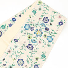 画像をギャラリービューアに読み込む, 京袋帯 お仕立て上がり 正絹 染京ふくろ帯 全通お太鼓柄 アイボリーにたて枠更紗 ( ブルー )