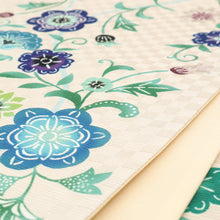 画像をギャラリービューアに読み込む, 京袋帯 お仕立て上がり 正絹 染京ふくろ帯 全通お太鼓柄 アイボリーにたて枠更紗 ( ブルー )