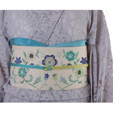 画像をギャラリービューアに読み込む, 京袋帯 お仕立て上がり 正絹 染京ふくろ帯 全通お太鼓柄 アイボリーにたて枠更紗 ( ブルー )