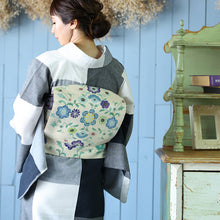 画像をギャラリービューアに読み込む, 京袋帯 お仕立て上がり 正絹 染京ふくろ帯 全通お太鼓柄 アイボリーにたて枠更紗 ( ブルー )