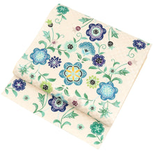 画像をギャラリービューアに読み込む, 京袋帯 お仕立て上がり 正絹 染京ふくろ帯 全通お太鼓柄 アイボリーにたて枠更紗 ( ブルー )