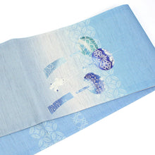 画像をギャラリービューアに読み込む, 京袋帯 《召しませ華》 お仕立て上がり 全通お太鼓柄 麻 水色に切子風鈴とシロクマ 風鈴ブランコ