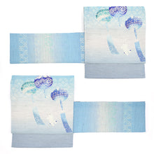 画像をギャラリービューアに読み込む, 京袋帯 《召しませ華》 お仕立て上がり 全通お太鼓柄 麻 水色に切子風鈴とシロクマ 風鈴ブランコ