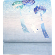画像をギャラリービューアに読み込む, 京袋帯 《召しませ華》 お仕立て上がり 全通お太鼓柄 麻 水色に切子風鈴とシロクマ 風鈴ブランコ