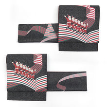 画像をギャラリービューアに読み込む, 《召しませ華》お仕立て上がり 全通お太鼓柄 アルジョンテ ラメ 黒地 サンタクロース リボン ラインダンス 京袋帯(ブラック)