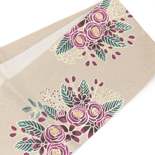 画像をギャラリービューアに読み込む, 《召しませ華》お仕立て上がり 全通お太鼓柄 アルジョンテ ラメ ベージュにピンクのバラ ローズリース 京袋帯(ベージュ)