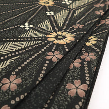 画像をギャラリービューアに読み込む, 京袋帯 お仕立て上がり全通柄 塩瀬 黒 ブラック 黒地 麻の葉 鹿の子 菊 桜