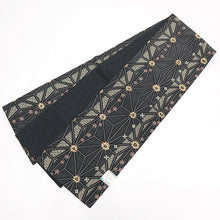 画像をギャラリービューアに読み込む, 京袋帯 お仕立て上がり全通柄 塩瀬 黒 ブラック 黒地 麻の葉 鹿の子 菊 桜
