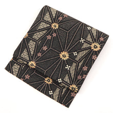 画像をギャラリービューアに読み込む, 京袋帯 お仕立て上がり全通柄 塩瀬 黒 ブラック 黒地 麻の葉 鹿の子 菊 桜