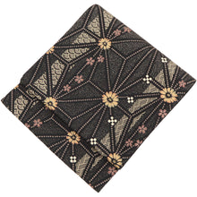 画像をギャラリービューアに読み込む, 京袋帯 お仕立て上がり全通柄 塩瀬 黒 ブラック 黒地 麻の葉 鹿の子 菊 桜