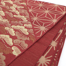 画像をギャラリービューアに読み込む, 京袋帯 お仕立て上がり全通柄 塩瀬 赤 レッド 麻の葉 斜め取り 松