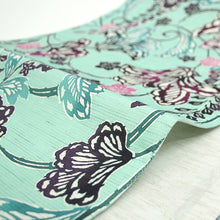 画像をギャラリービューアに読み込む, 京袋帯《召しませ華》お仕立て上がり 全通お太鼓柄 麻 ミントグリーンに紅型調 花そよぎ