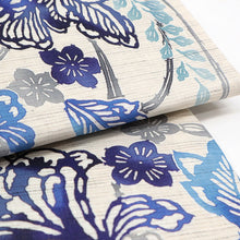 画像をギャラリービューアに読み込む, 京袋帯《召しませ華》お仕立て上がり 全通お太鼓柄 麻 アイボリーに紅型調 花そよぎ ブルー