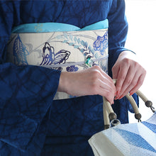 画像をギャラリービューアに読み込む, 京袋帯《召しませ華》お仕立て上がり 全通お太鼓柄 麻 アイボリーに紅型調 花そよぎ ブルー