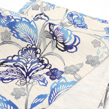 画像をギャラリービューアに読み込む, 京袋帯《召しませ華》お仕立て上がり 全通お太鼓柄 麻 アイボリーに紅型調 花そよぎ ブルー