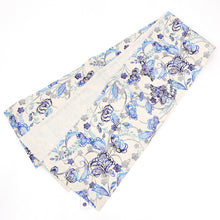 画像をギャラリービューアに読み込む, 京袋帯《召しませ華》お仕立て上がり 全通お太鼓柄 麻 アイボリーに紅型調 花そよぎ ブルー