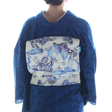 画像をギャラリービューアに読み込む, 京袋帯《召しませ華》お仕立て上がり 全通お太鼓柄 麻 アイボリーに紅型調 花そよぎ ブルー