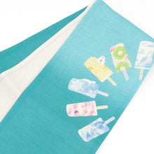 画像をギャラリービューアに読み込む, 京袋帯《召しませ華》お仕立て上がり 全通お太鼓柄 麻 グリーン 白くまキャンディ アイスクリーム柄 スカイブルー