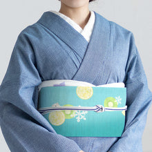 画像をギャラリービューアに読み込む, 京袋帯《召しませ華》お仕立て上がり 全通お太鼓柄 麻 グリーン 白くまキャンディ アイスクリーム柄 スカイブルー