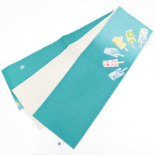 画像をギャラリービューアに読み込む, 京袋帯《召しませ華》お仕立て上がり 全通お太鼓柄 麻 グリーン 白くまキャンディ アイスクリーム柄 スカイブルー