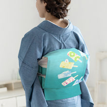 画像をギャラリービューアに読み込む, 京袋帯《召しませ華》お仕立て上がり 全通お太鼓柄 麻 グリーン 白くまキャンディ アイスクリーム柄 スカイブルー