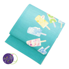 画像をギャラリービューアに読み込む, 京袋帯《召しませ華》お仕立て上がり 全通お太鼓柄 麻 グリーン 白くまキャンディ アイスクリーム柄 スカイブルー