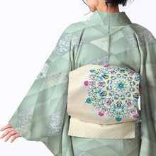 画像をギャラリービューアに読み込む, 京袋帯 《召しませ華》 お仕立て上がり 正絹 全通 ベージュ地に小鳥と花輪紋様 小花華紋B(ベージュ)