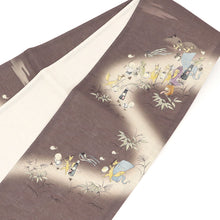 画像をギャラリービューアに読み込む, 京袋帯 《wakka》 お仕立て上がり 全通お太鼓柄 麻 近江の麻 ブラウンに妖怪 百鬼夜行 なんかようかい?(墨色)