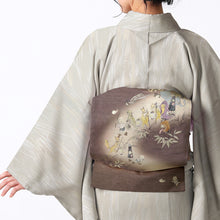 画像をギャラリービューアに読み込む, 京袋帯 《wakka》 お仕立て上がり 全通お太鼓柄 麻 近江の麻 ブラウンに妖怪 百鬼夜行 なんかようかい?(墨色)